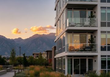 Modern apartment building at sunset with a stunning backdrop of the Rocky Mountains in Northern Colorado.
