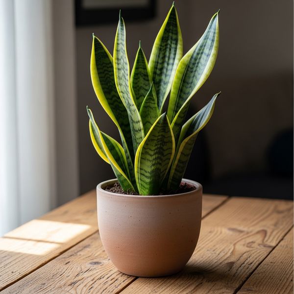 snake plant in a pot on a table