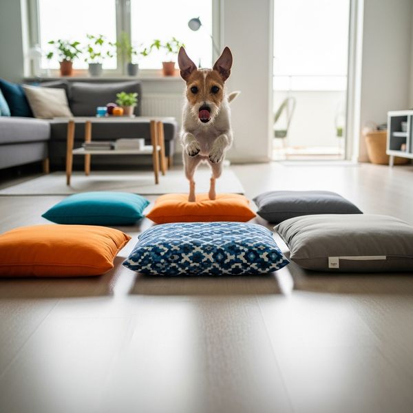 A small dog jumping over cushions in a creative indoor apartment obstacle course.