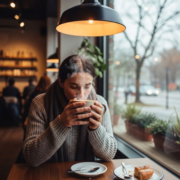 person sipping a hot drink on a cold day in a coffee shop