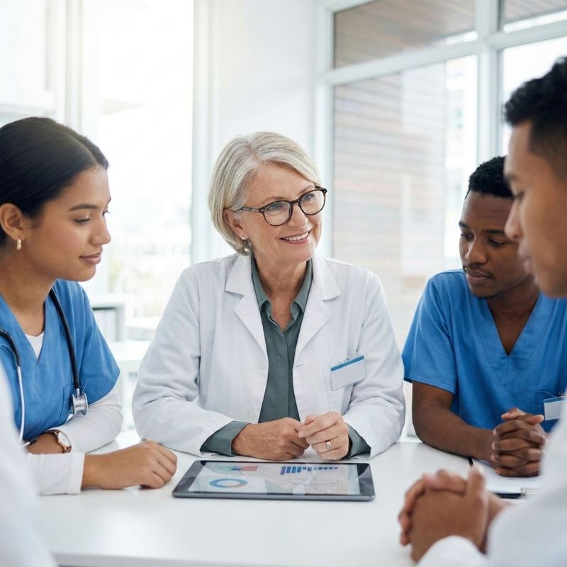 experienced female researcher smiling proudly while mentoring medical students