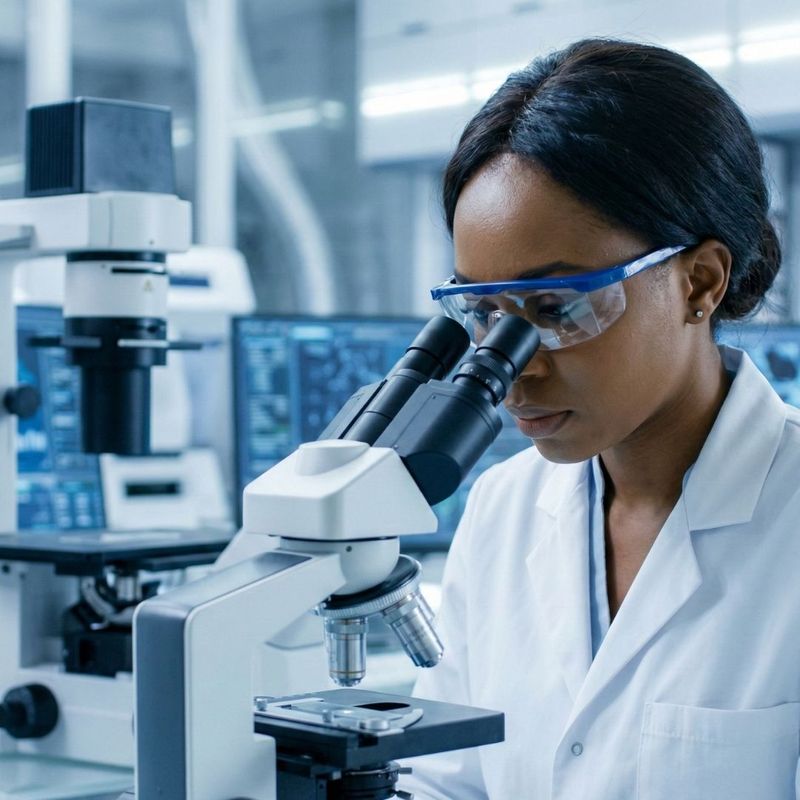researcher in a modern lab examining samples