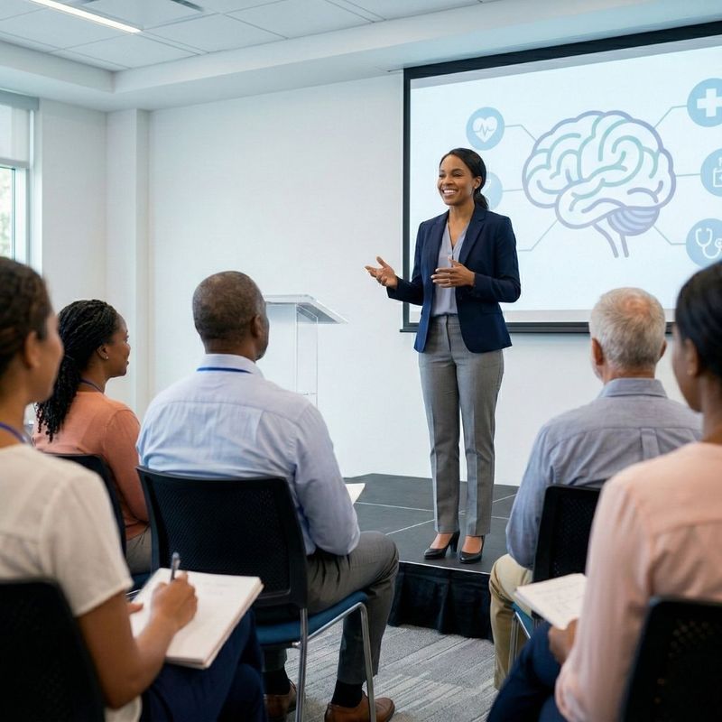 Female speaker presenting to an engaged audience