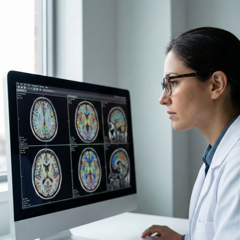 scientist wearing a lab coat and glasses carefully studying detailed brain scan images