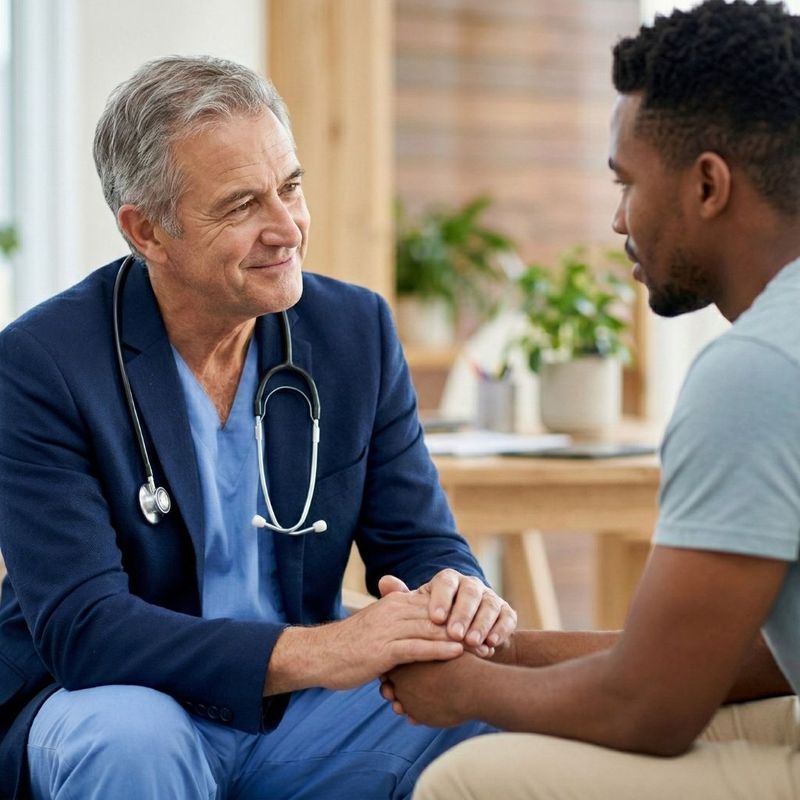Compassionate doctor holding a patient's hand and smiling reassuringly