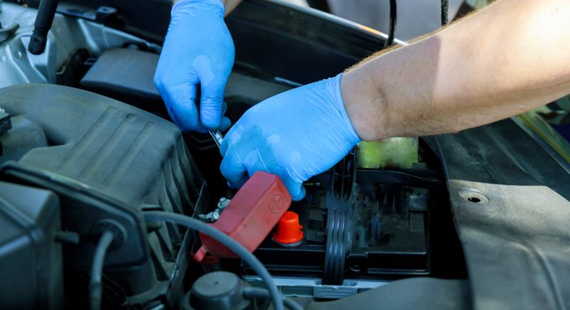 Gloved hands working under the hood of a car