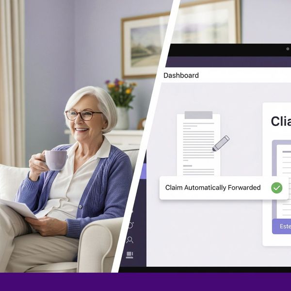 A split-screen image showing a relaxed woman at home on one side, and a computer screen confirming an insurance claim was automatically forwarded on the other.