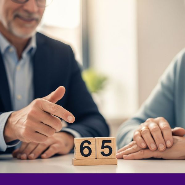 An advisor's hand gestures toward wooden blocks showing the number 65, symbolizing the key milestone for Medicare eligibility. An advisor's hand gestures toward wooden blocks showing the number 65, symbolizing the key milestone for Medicare eligibility.