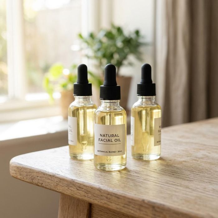 A trio of clear dropper bottles filled with light yellow face oils, clear and consistent, under soft daylight.