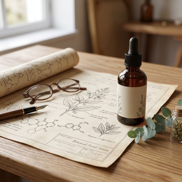 A formula blueprint document placed next to a botanical facial serum representing owned intellectual property and brand value.