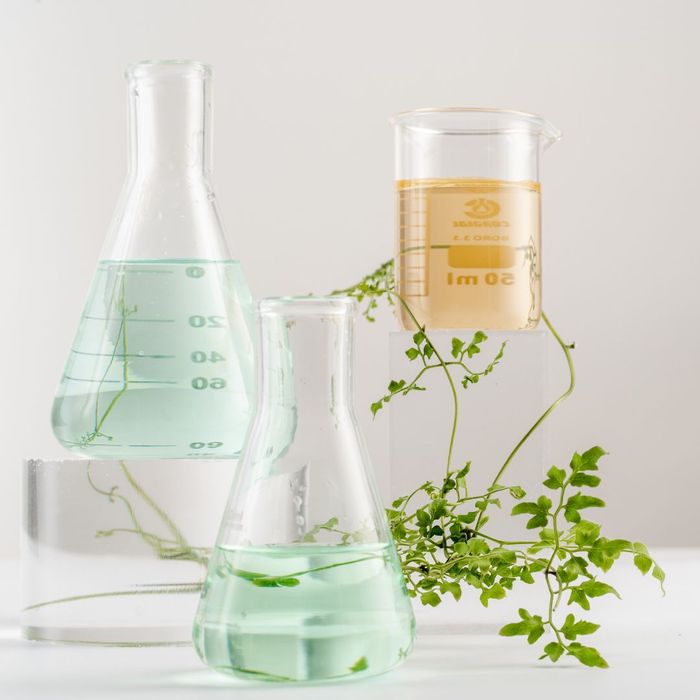 beakers with liquid in them