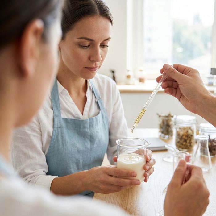 A precise, sunlit moment capturing two individuals carefully formulating a skincare cream in a glass beaker using a pipette.