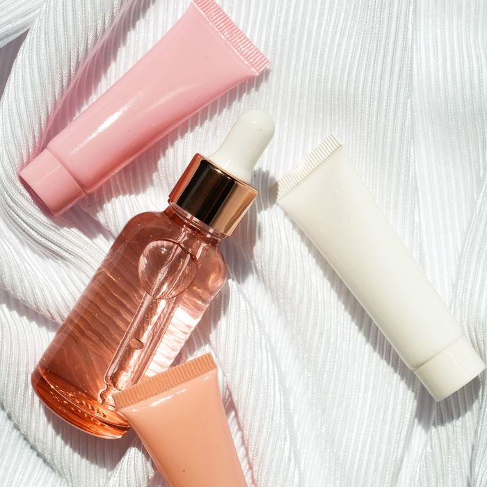 Skincare products spread out