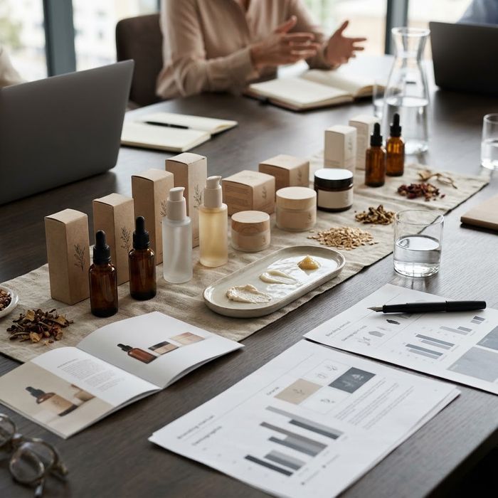 A polished presentation of premium cosmetic products laid out for an investor meeting highlighting business valuation.