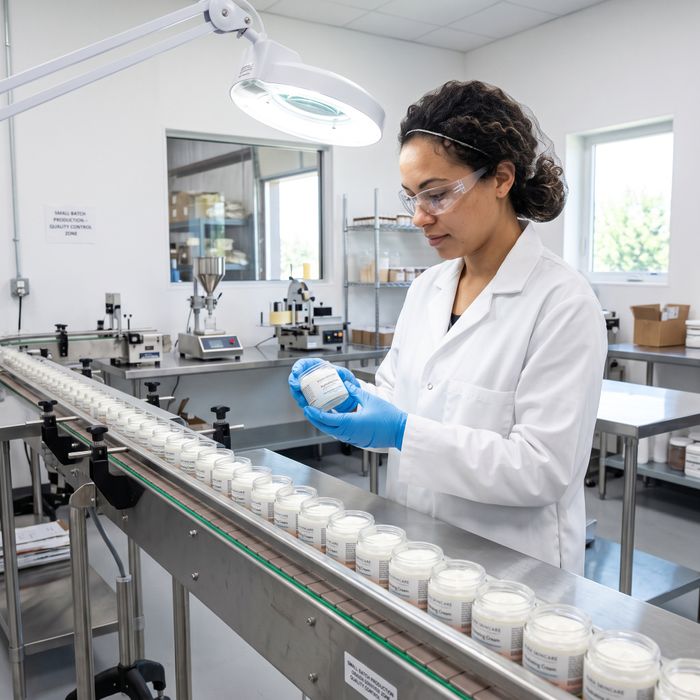 A quality control worker in a clean facility meticulously inspects finished cosmetic cream jars as they move along a small batch production line.
