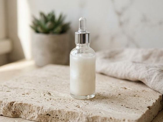 Minimalist close-up of a clear glass serum bottle, showing pristine pearl-white liquid, sitting on natural stone.