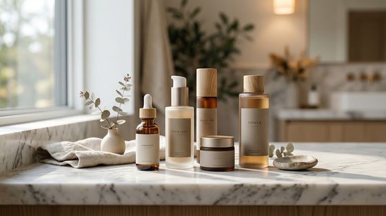 Elegant luxury skincare bottles displayed on a clean marble countertop representing upgraded custom formulation products.