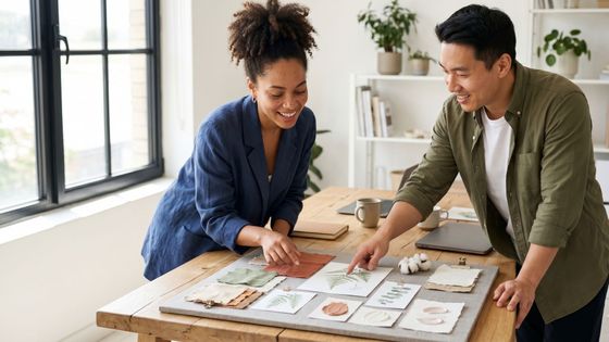 Two diverse business partners collaborate enthusiastically over a creative mood board filled with botanical sketches and texture swatches in a sunlit room.