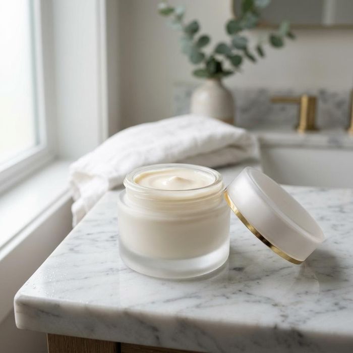 A sleek, frosted glass cosmetics jar filled with a perfectly smooth, rich face cream, cap off, sitting on a clean marble surface.