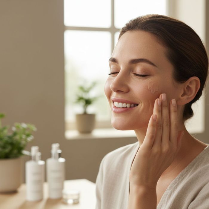 A smiling woman applying a clean beauty product to her face A smiling woman applying a clean beauty product to her face