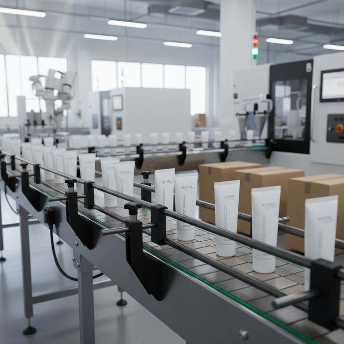 An array of skin care products neatly arranged on a modern production line or packaging station, ready for shipment.