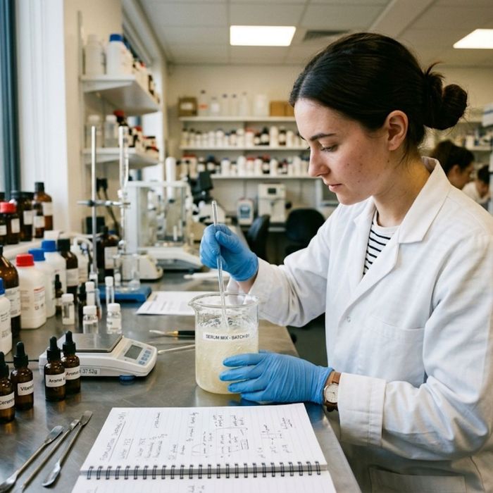 Formulator mixing custom beauty product in lab.