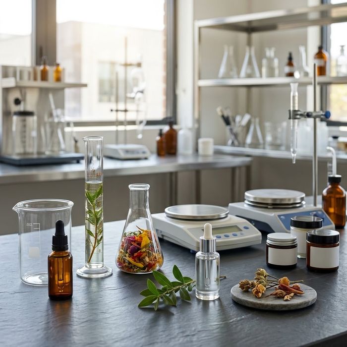 State-of-the-art cosmetics laboratory workspace with glass beakers and finished skincare products ready for market.