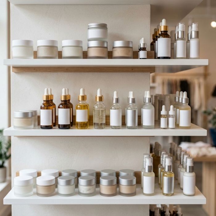 Unbranded private label cosmetic bottles on shelves.