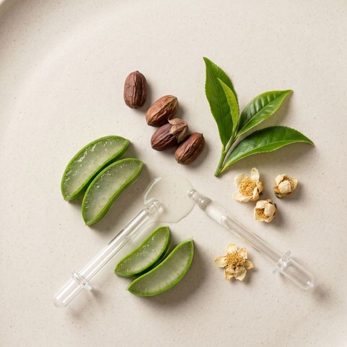 A beautiful overhead view of arranged fresh botanical ingredients, including aloe vera slices and green tea leaves, symbolizing clean purity.