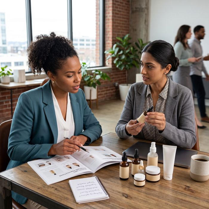 Two business partners sit at a desk with an open catalog and several unbranded skincare bottles, collaborating on product selection.