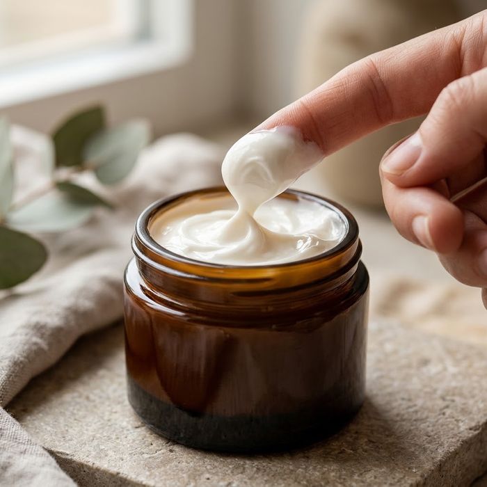 Close up of a rich and luxurious custom formulated face cream being scooped from a modern glass cosmetic jar.