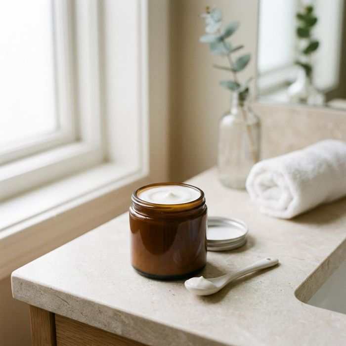 A perfectly smooth, matte white facial cream in an amber glass jar, displaying stable, unified texture.