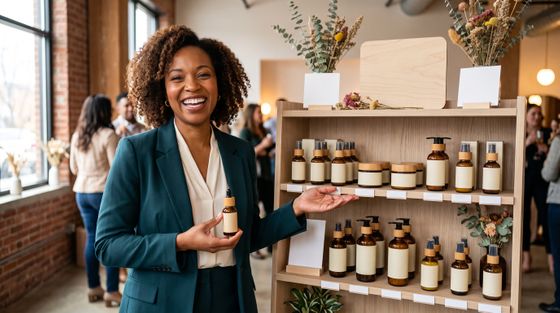 A business owner smiles proudly while displaying a finished line of clean beauty skincare products on a modern shelf.