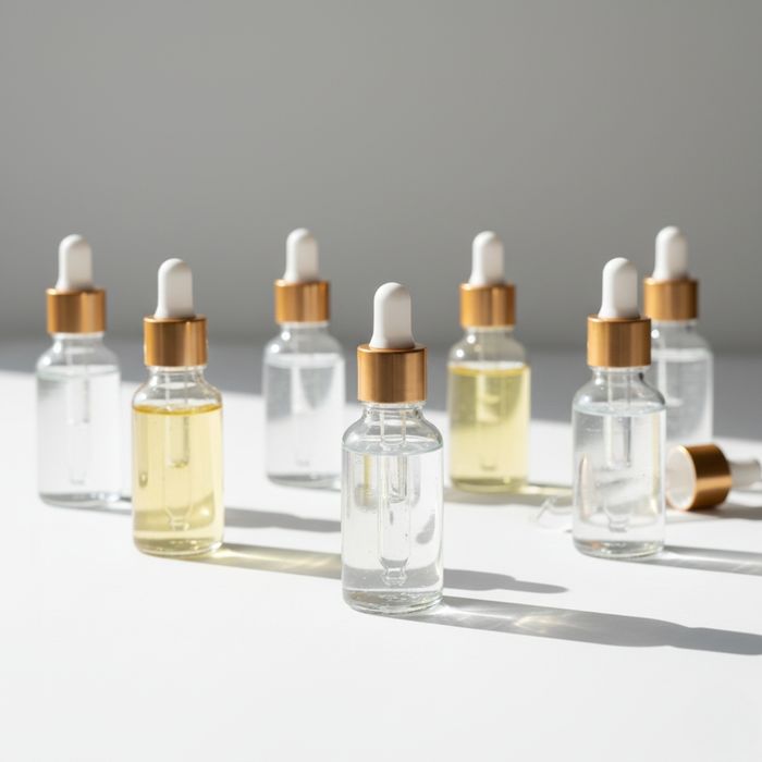 Minimalist display of simple serum bottles with individual ingredients highlighted, no text on products.