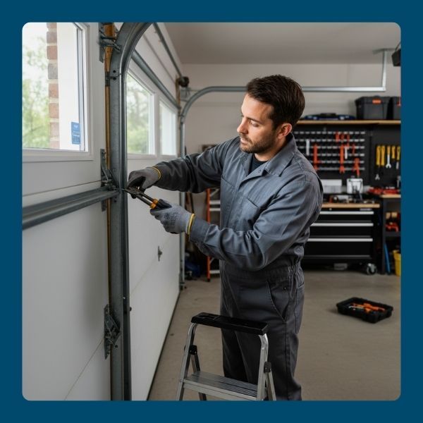 a man repairing a garage door Signs Your Garage Door Needs Repair EXT.jpg