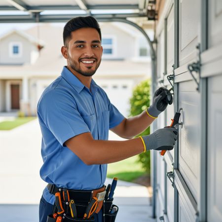 A young, confident garage door technician in uniform smiles while working inside a residential garage.