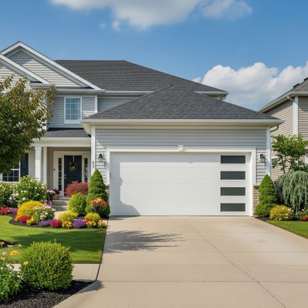 A beautiful new carriage-style garage door with windows that significantly enhances the curb appeal of a suburban home.