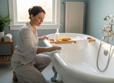 Woman cleaning a clawfoot bathtub