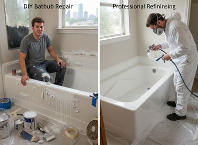 A two-panel image showing a messy, distressed DIY bathtub repair attempt versus a clean, professional refinishing process. DIY vs. Professional Bathtub Refinishing Comparison
