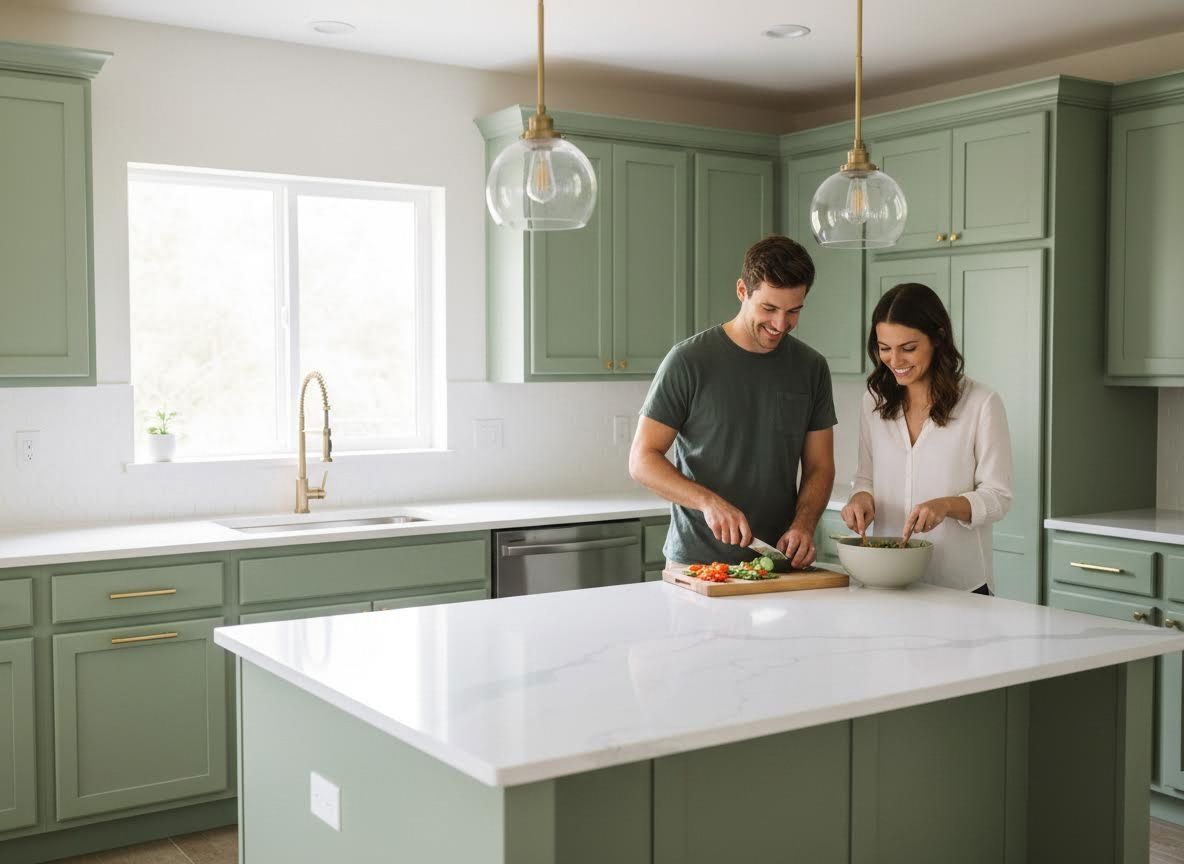Happy couple cooking in a modern sage green kitchen