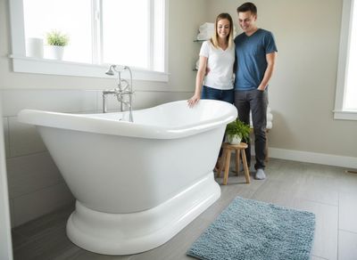 Couple admiring a new freestanding bathtub in a modern bathroom