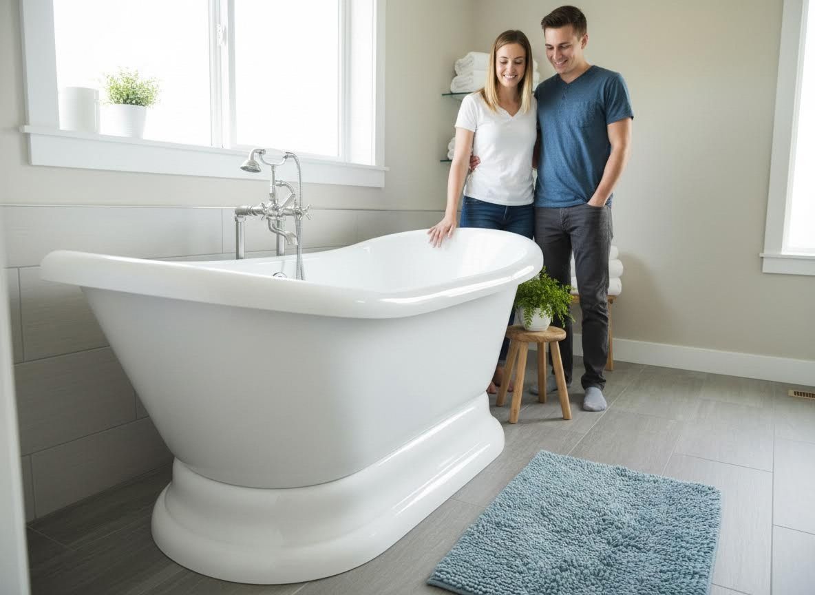 Couple admiring a new freestanding bathtub in a modern bathroom