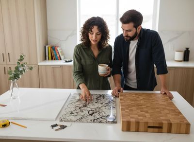 Couple choosing kitchen countertops