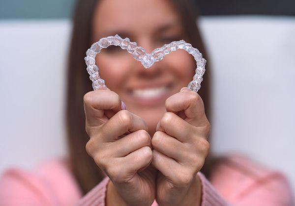 woman holding invisalign retainers in the shape of a heart