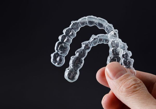 close up of invisalign retainers against black background