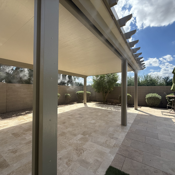 pergola misting system on paver patio