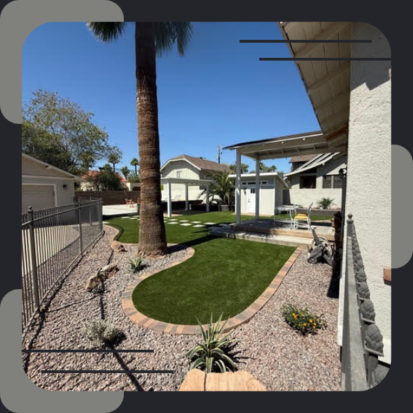 Finished backyard with modern hardscape, artificial grass, pergolas, and plants. Finished backyard with modern hardscape, artificial grass, pergolas, and plants.