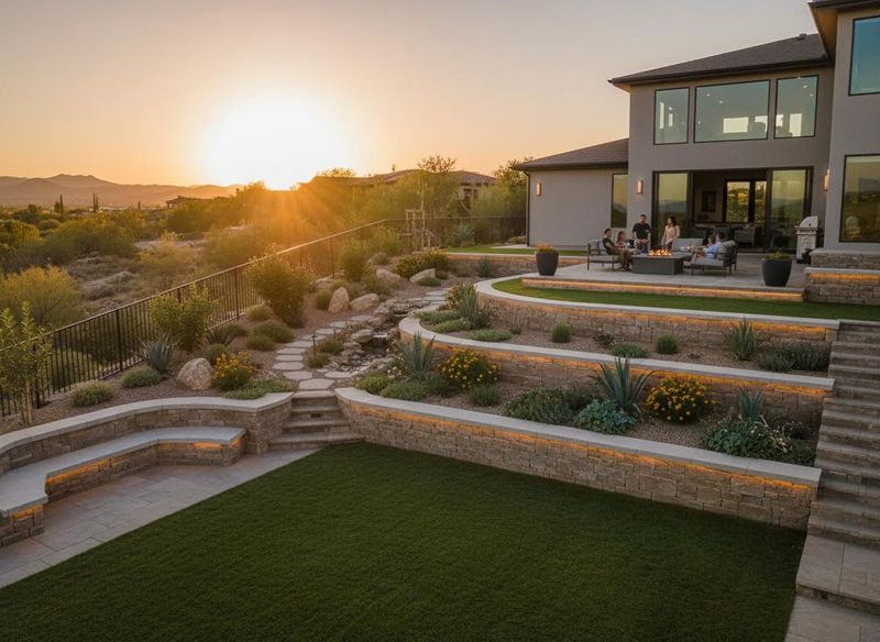 Luxury Tiered Backyard Landscape with Fire Pit and Sunset