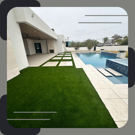 Poolside artificial turf installation for clean aesthetic.