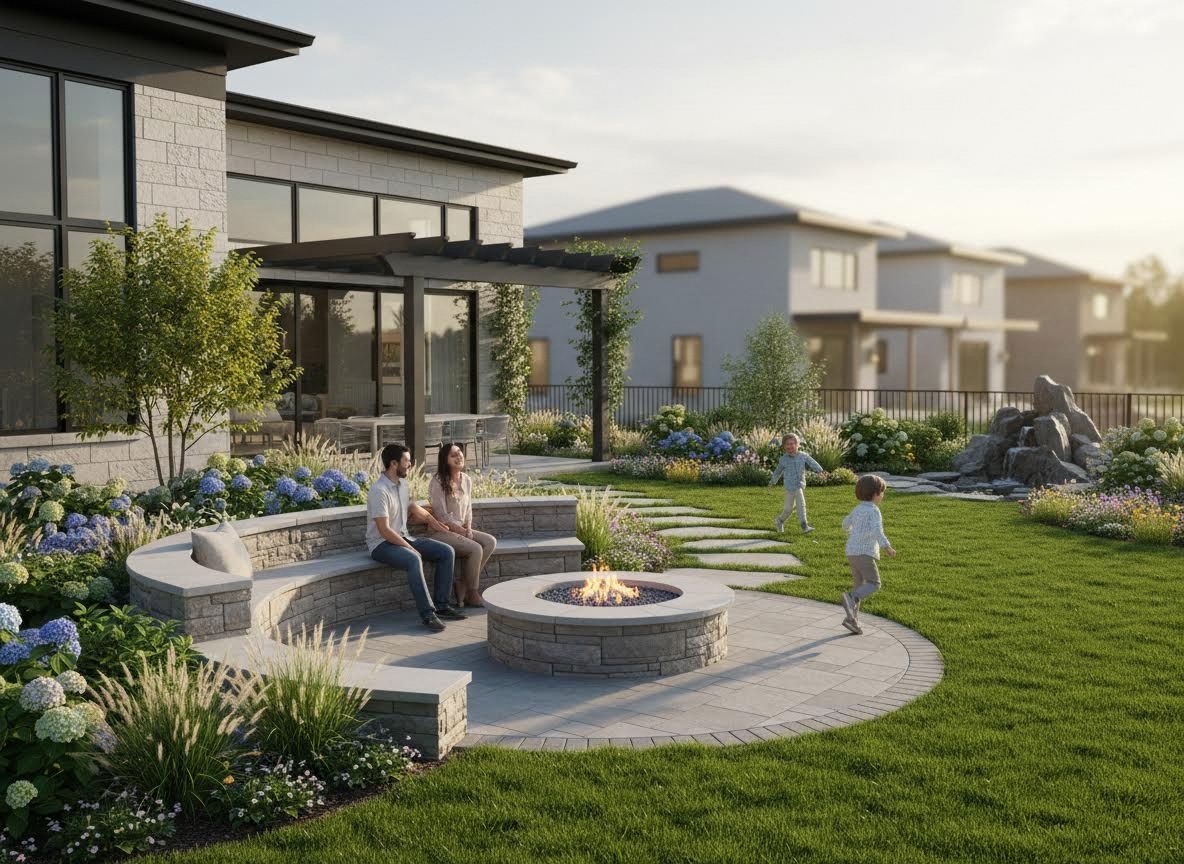 Family Enjoying a Modern Backyard with Fire Pit